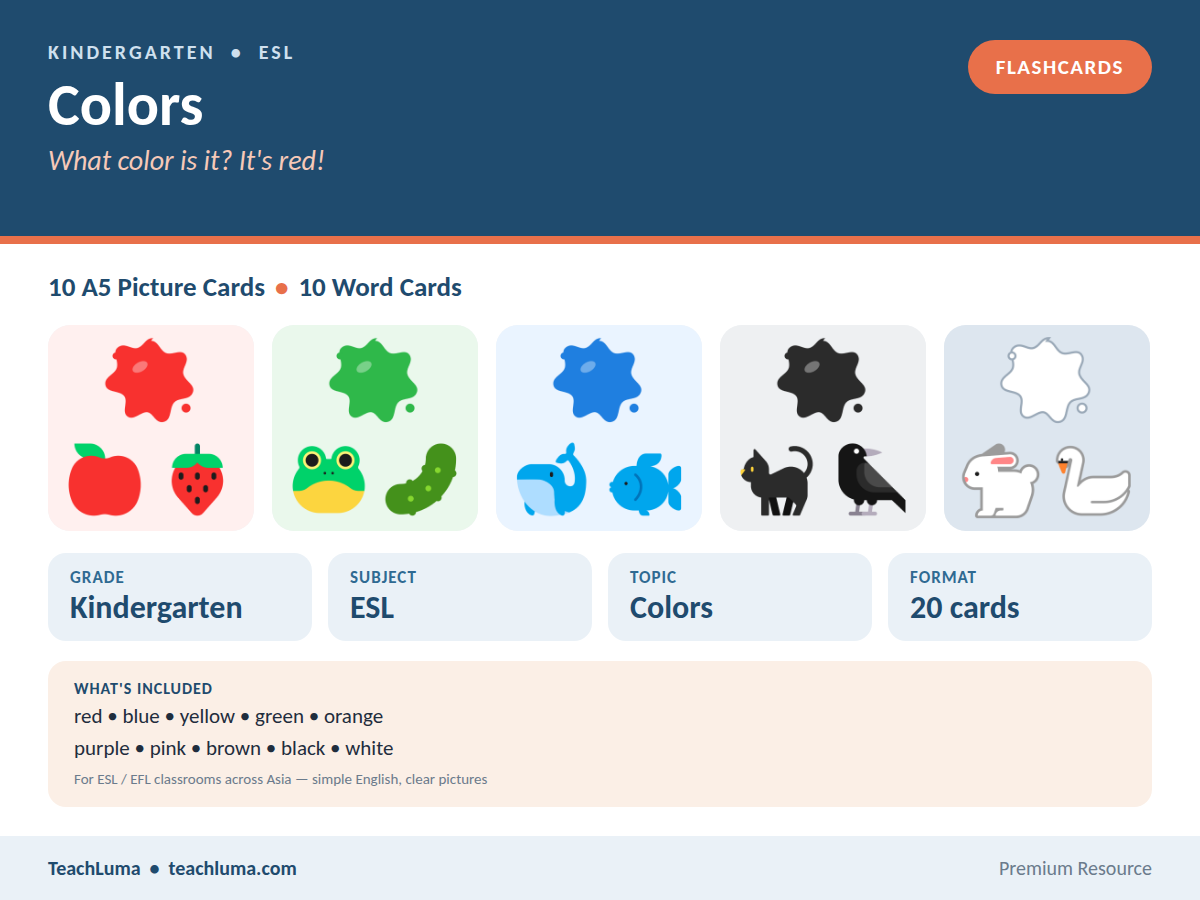 Kindergarten ESL Flashcards: Colors — 10 Picture Cards + Word Cards