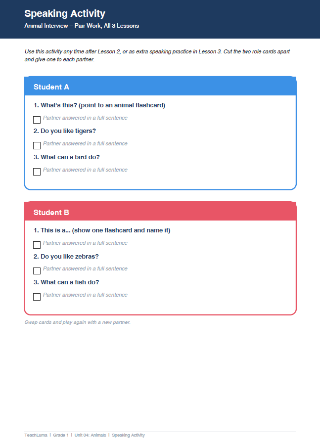 Grade 1 Animal Speaking Activity – Pair Work Interview Cards for ESL & EFL Lessons