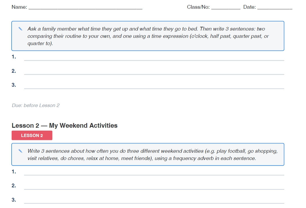 Daily Routine – Grade 7 ESL Homework