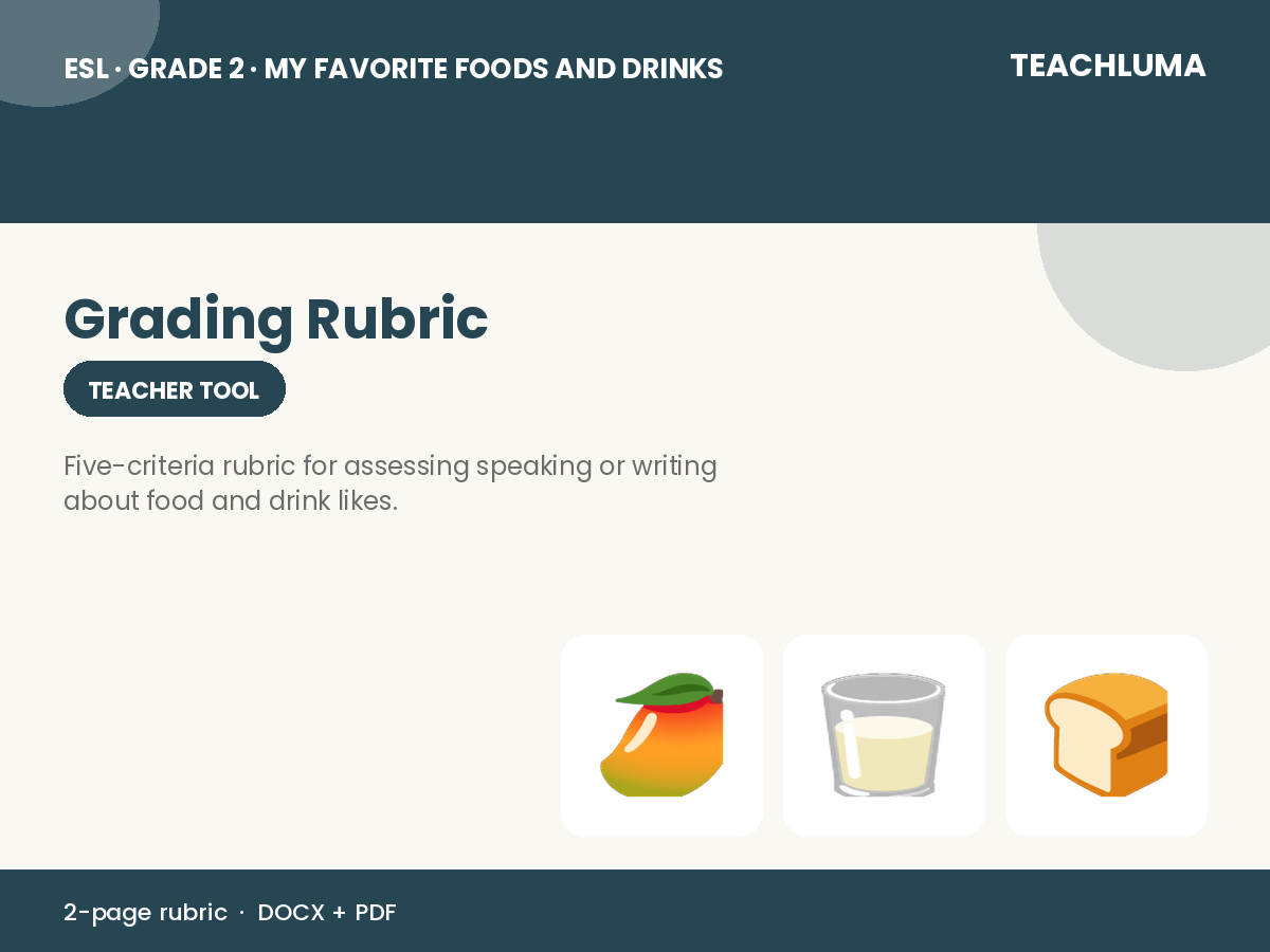 Grade 2 My Favorite Foods and Drinks Grading Rubric