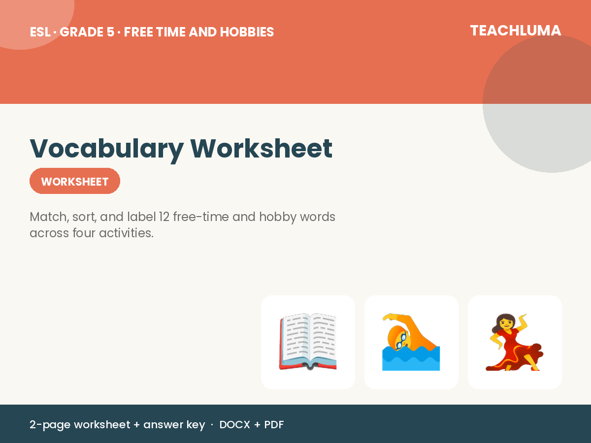Grade 5 Free Time and Hobbies Vocabulary Worksheet