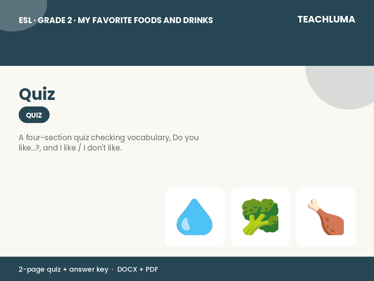 Grade 2 My Favorite Foods and Drinks Quiz