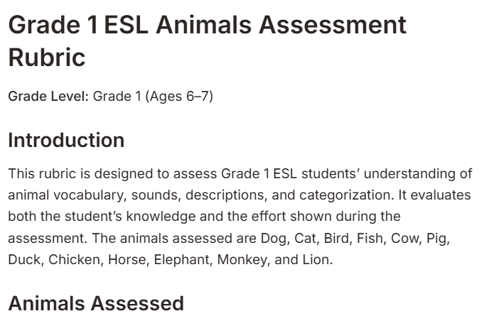 Grade 1 ESL Animals Assessment Rubric