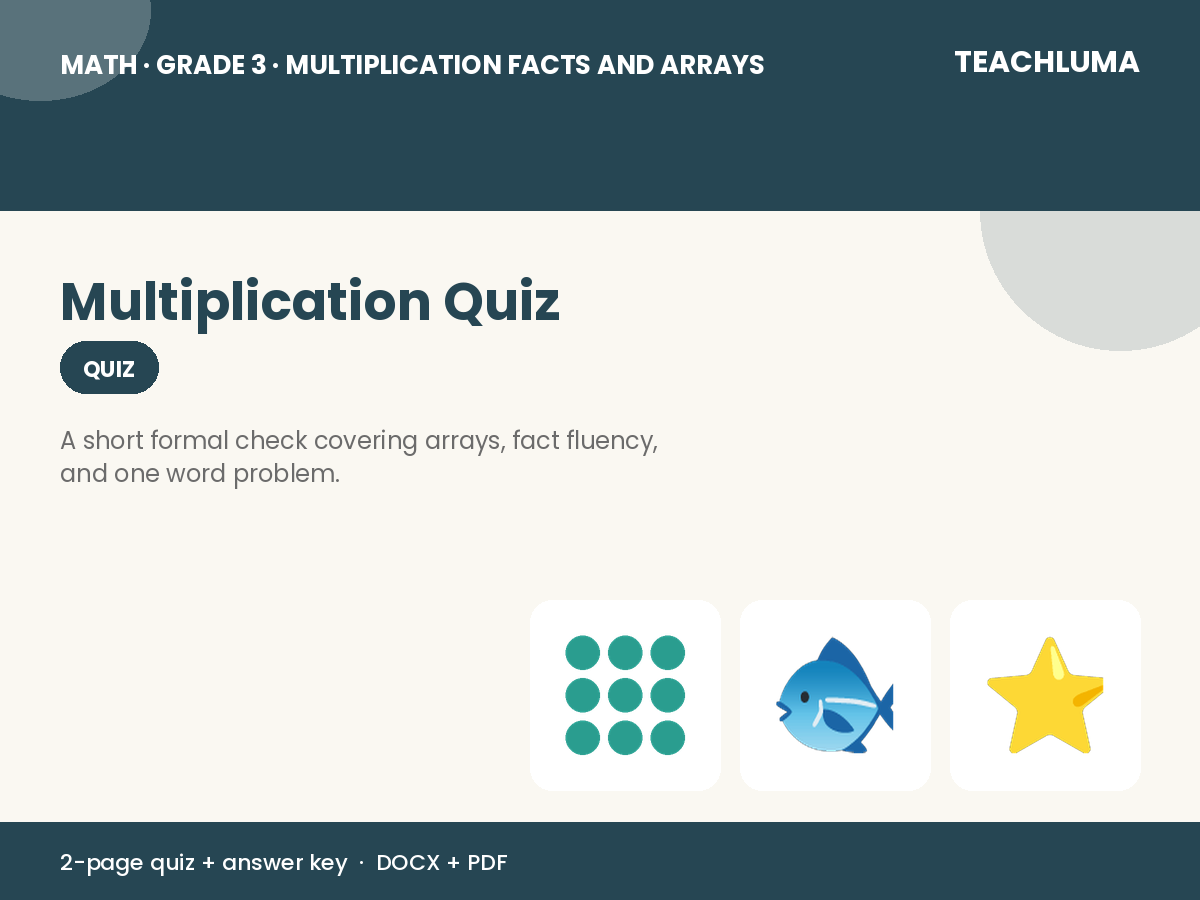 Grade 3 Multiplication Facts and Arrays Quiz