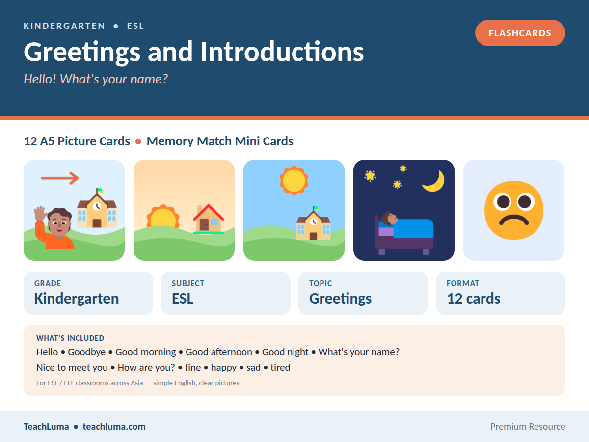 Kindergarten ESL Flashcards: Greetings and Introductions — 12 Picture Cards + Memory Match