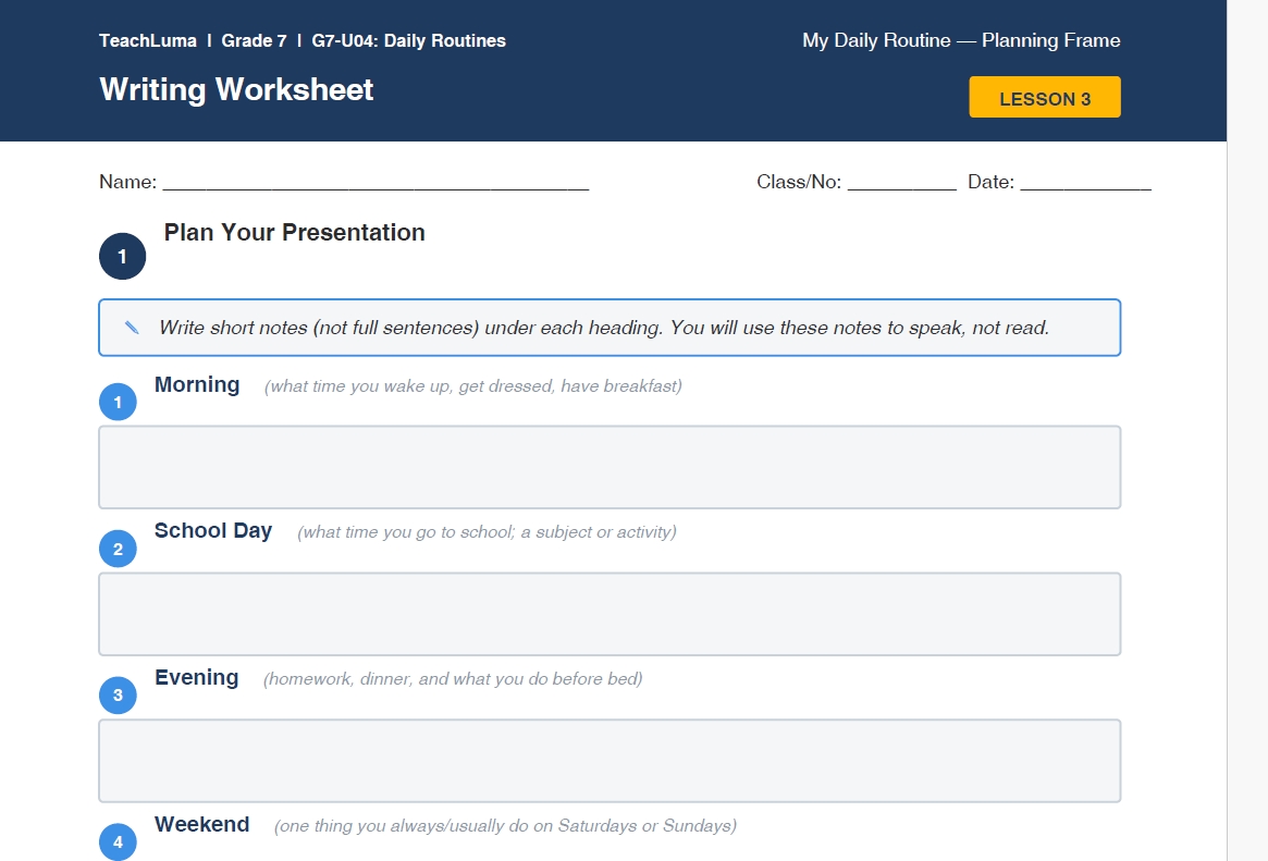 Daily Routine – Grade 7 ESL Writing Worksheet