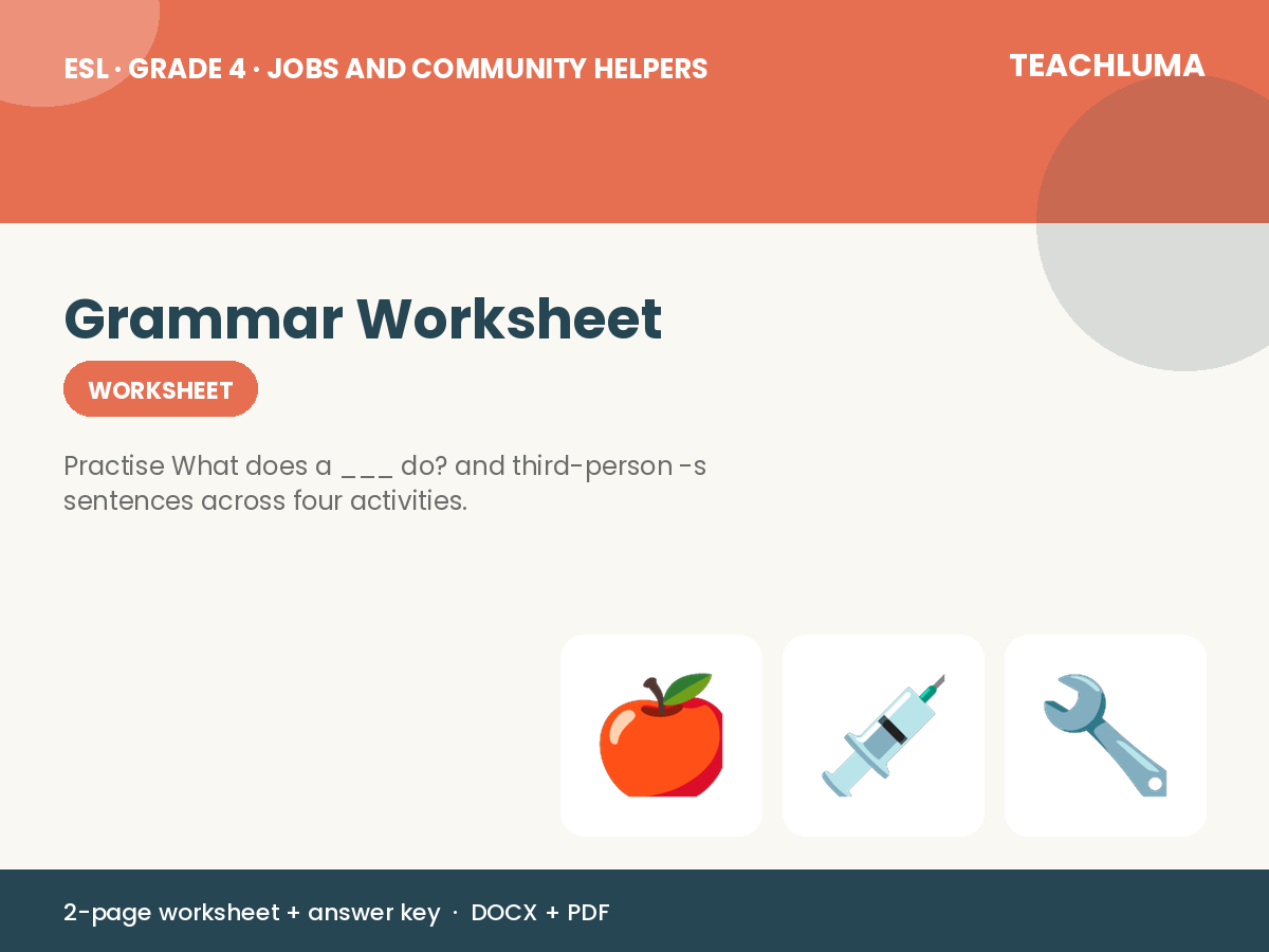 Grade 4 Jobs and Community Helpers Grammar Worksheet: What Does a ___ Do?