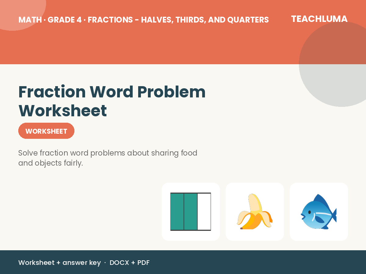 Grade 4 Fraction Word Problem Worksheet: Sharing Food and Objects Fairly