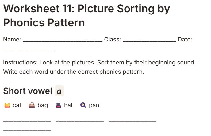 Picture Sorting by Phonics Pattern