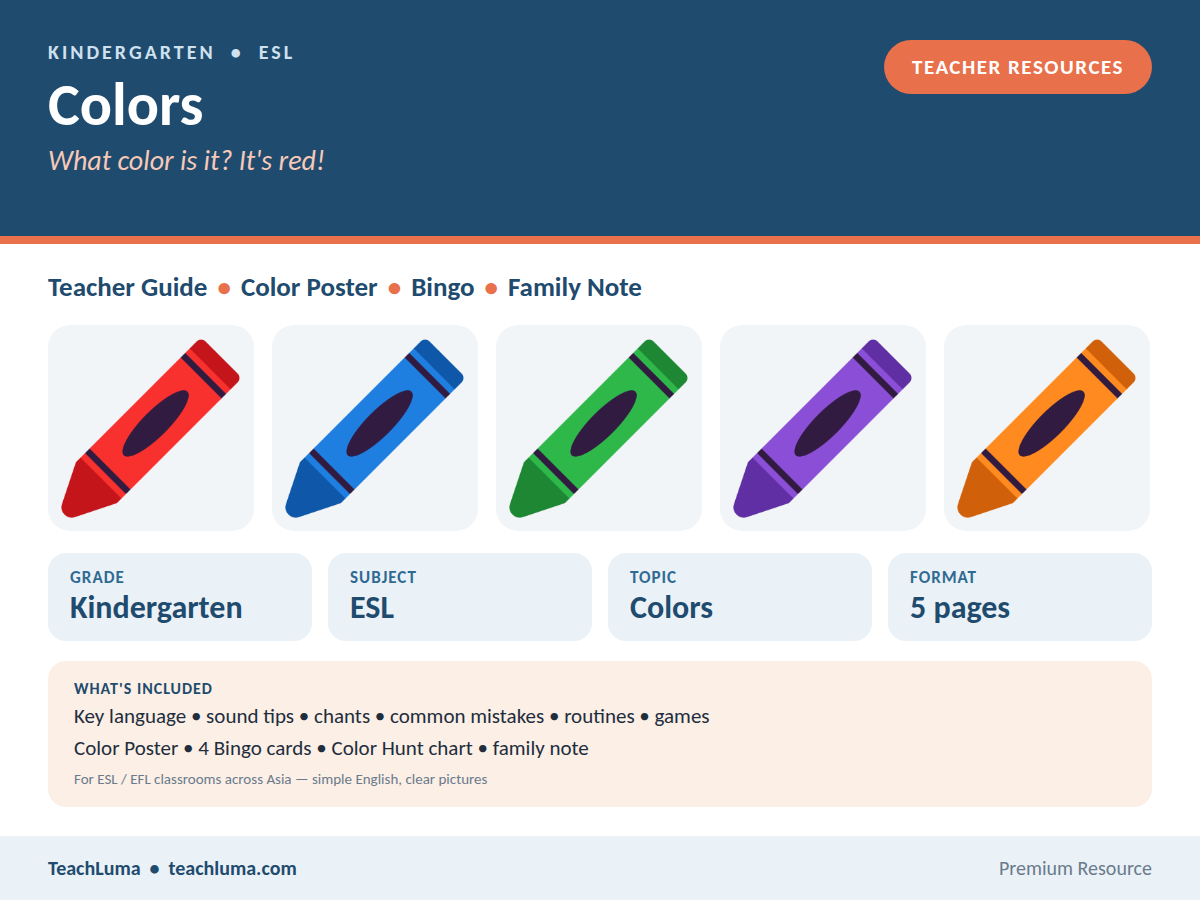Kindergarten ESL Teacher Guide: Colors — Chants, Color Poster, Bingo and Family Note