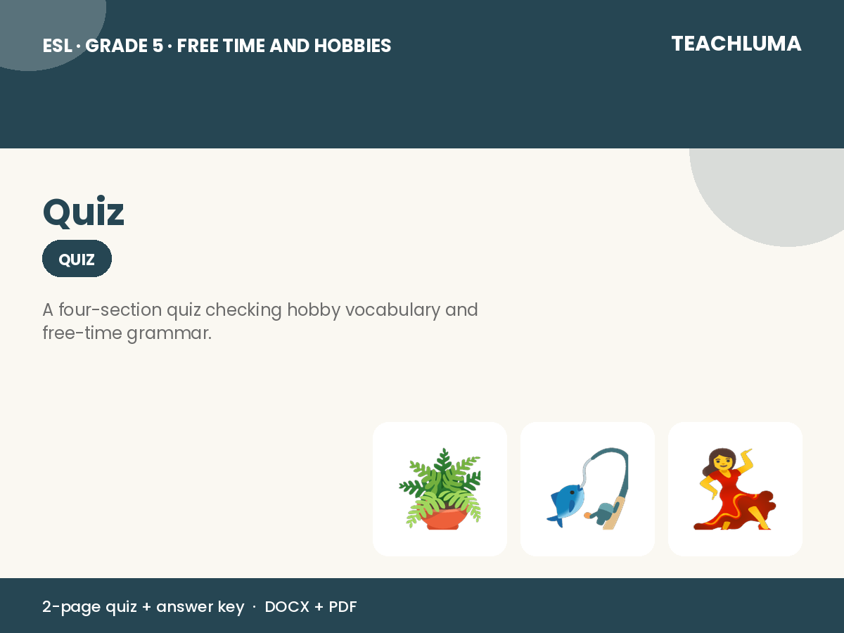 Grade 5 Free Time and Hobbies Quiz