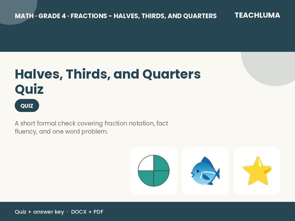 Grade 4 Halves, Thirds, and Quarters Quiz
