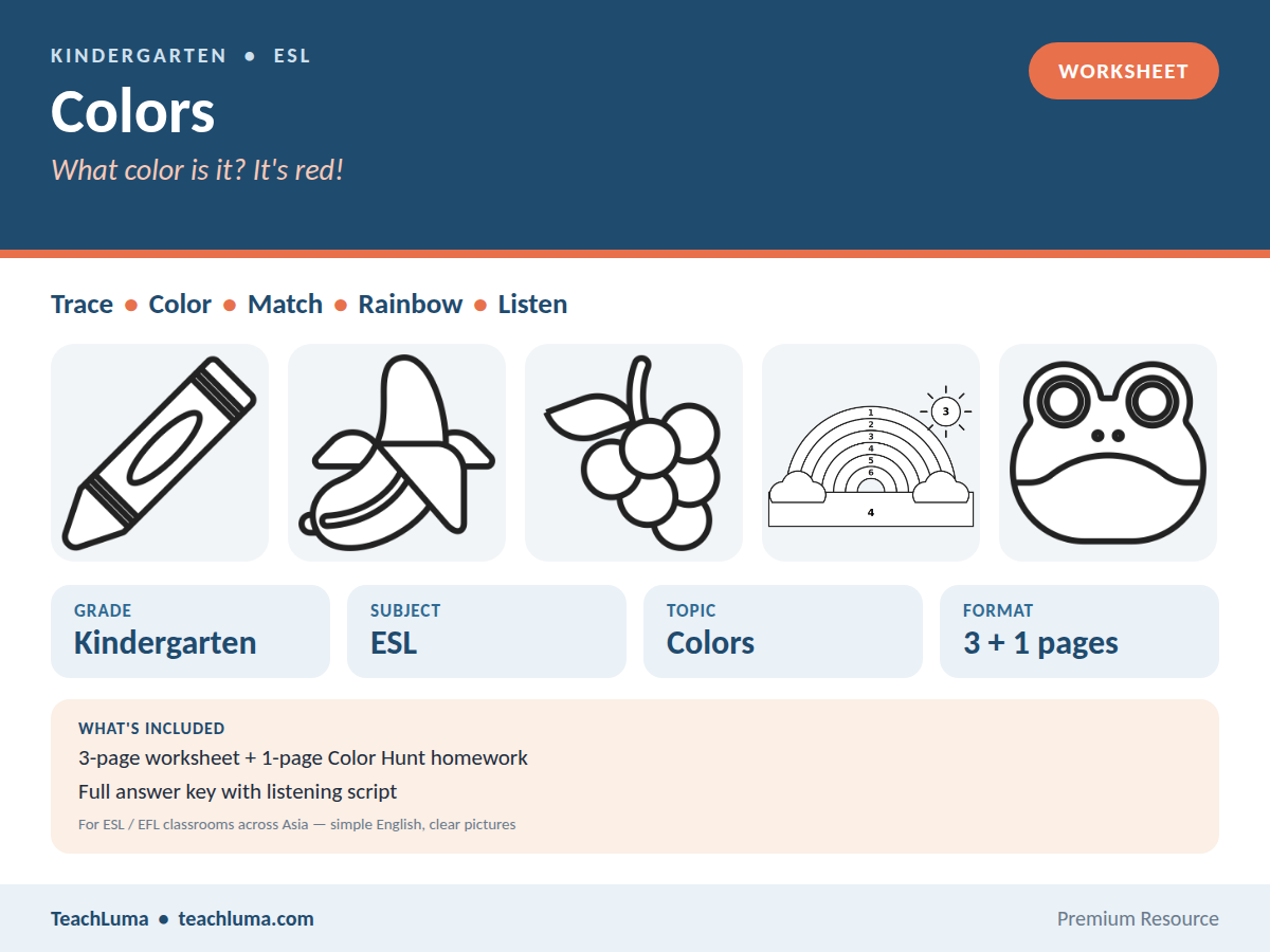 Kindergarten ESL Worksheet: Colors — Trace, Color, Match and Rainbow