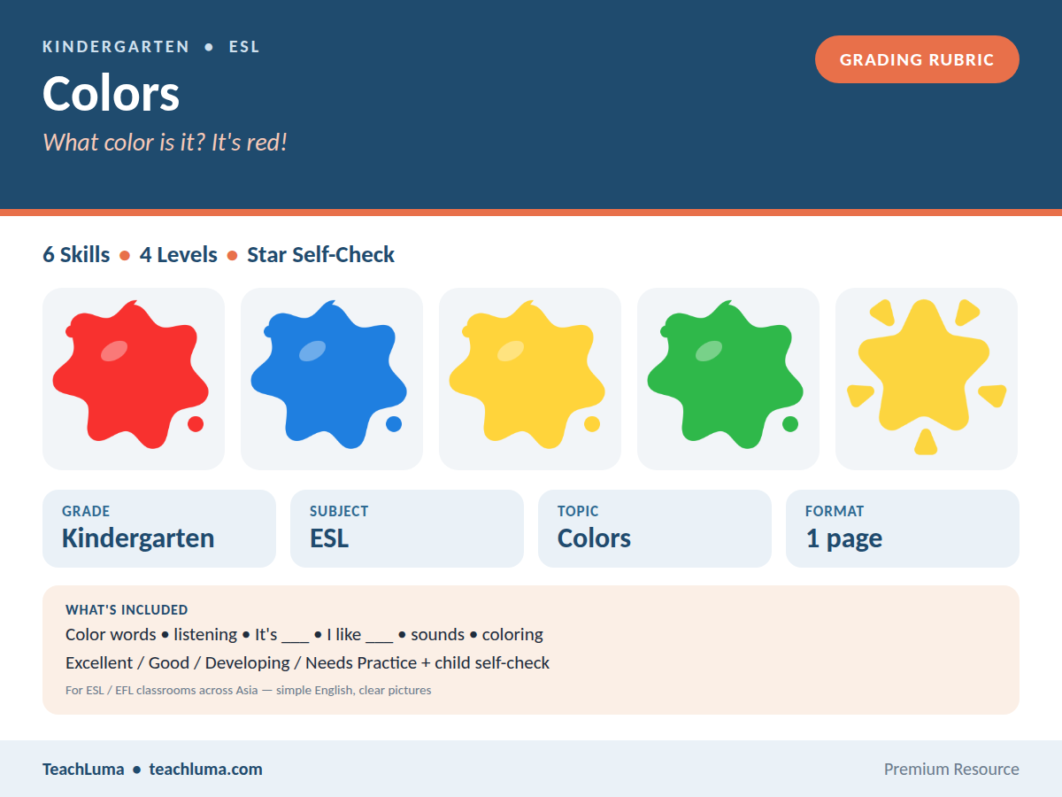 Kindergarten ESL Grading Rubric: Colors — Speaking, Listening and Writing