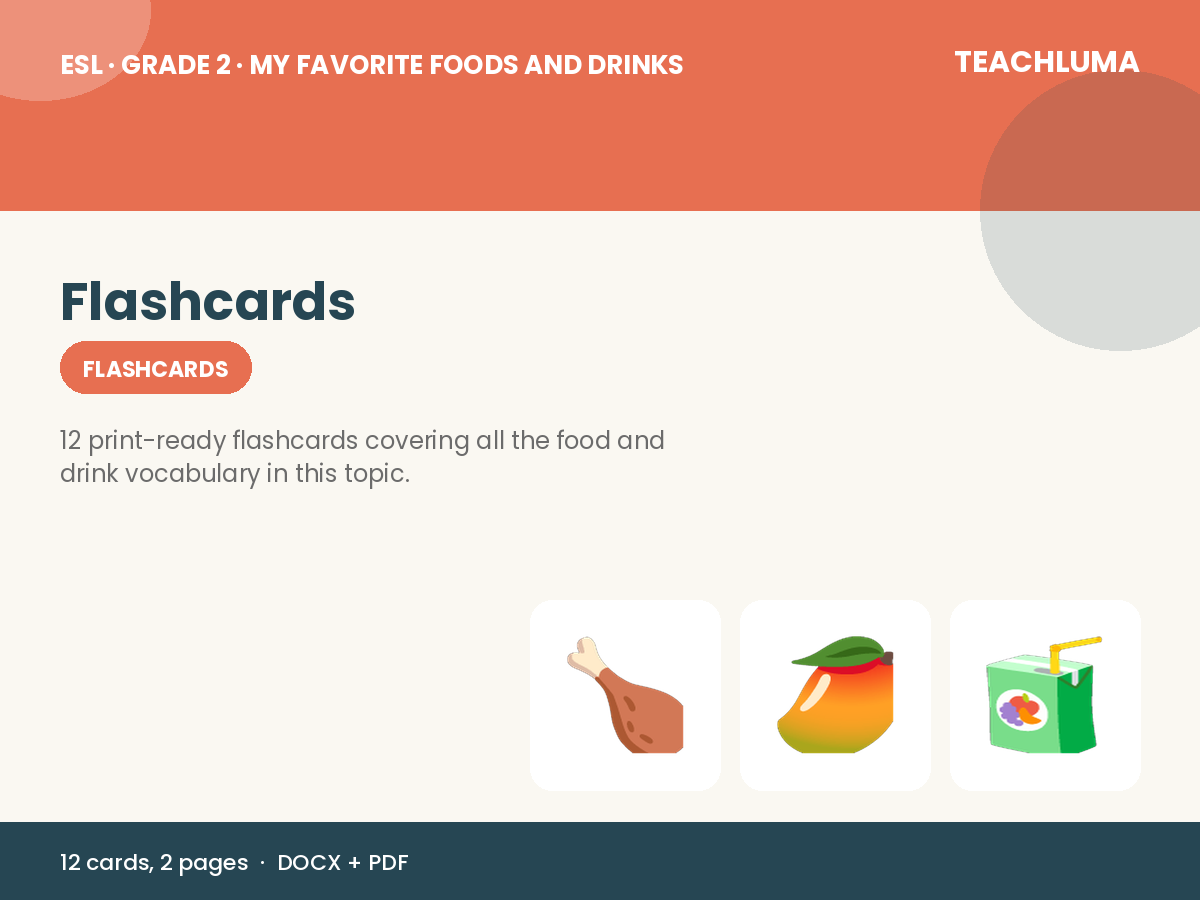 Grade 2 My Favorite Foods and Drinks Flashcards