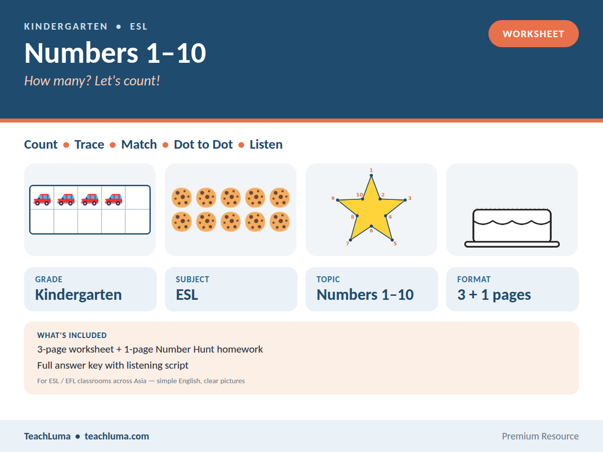 Kindergarten ESL Worksheet: Numbers 1–10 — Count, Trace, Match and Dot to Dot