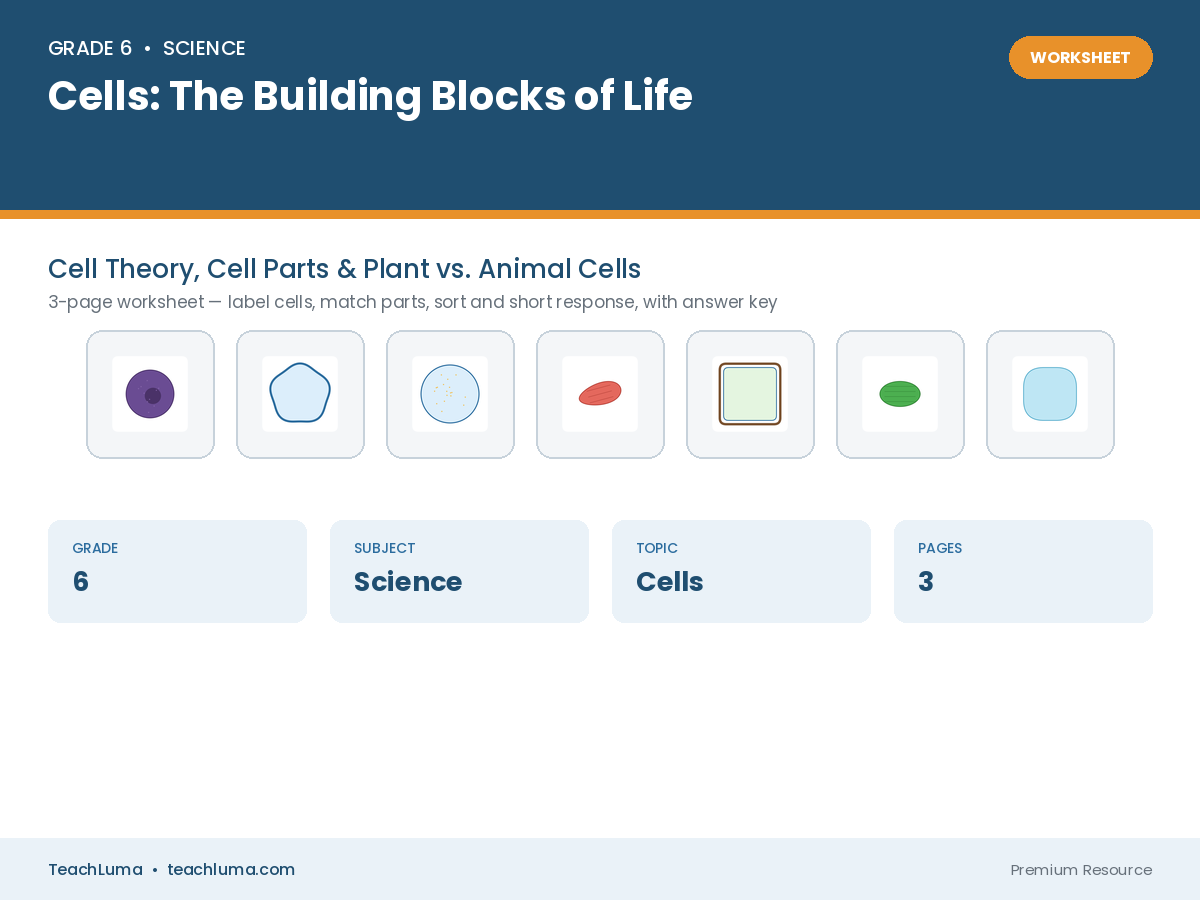 Grade 6 Science Worksheet: Cells — The Building Blocks of Life