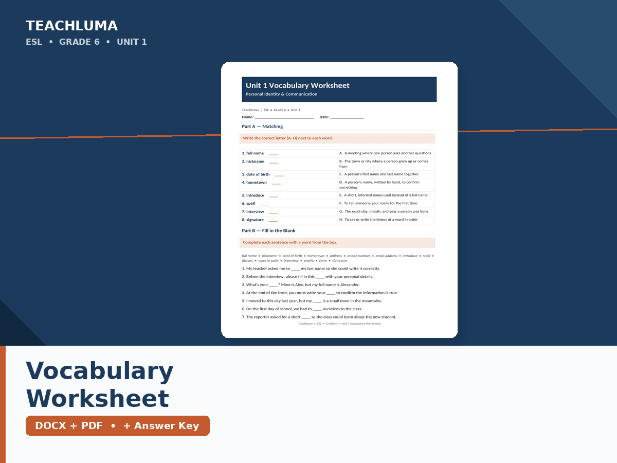 Unit 1 Vocabulary Worksheet — Personal Identity & Communication