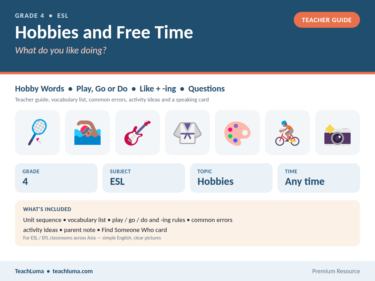 Grade 4 ESL Teacher Guide: Hobbies and Free Time — Vocabulary, Common Errors and Speaking Card