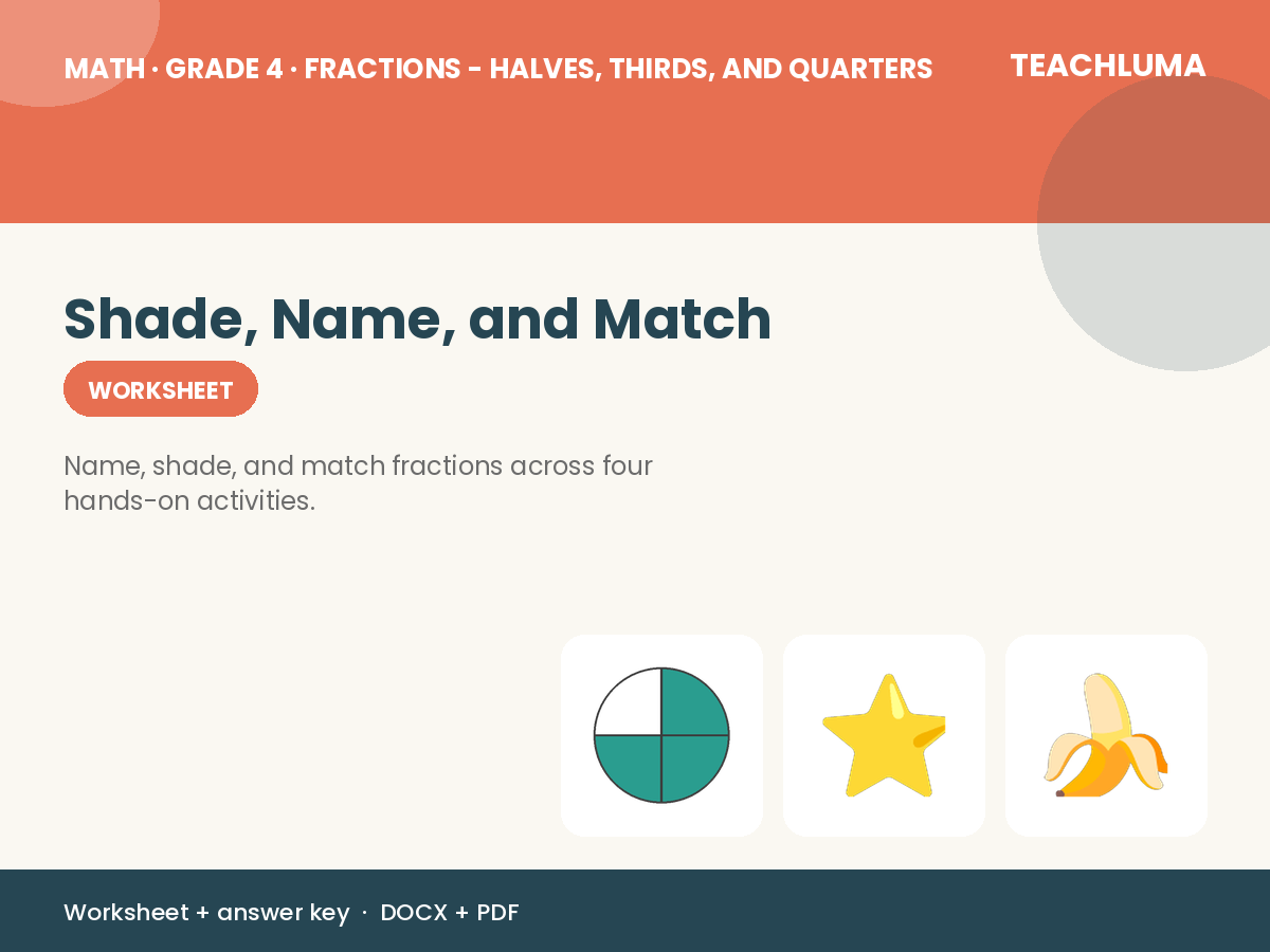 Grade 4 Fractions Worksheet: Shade, Name, and Match