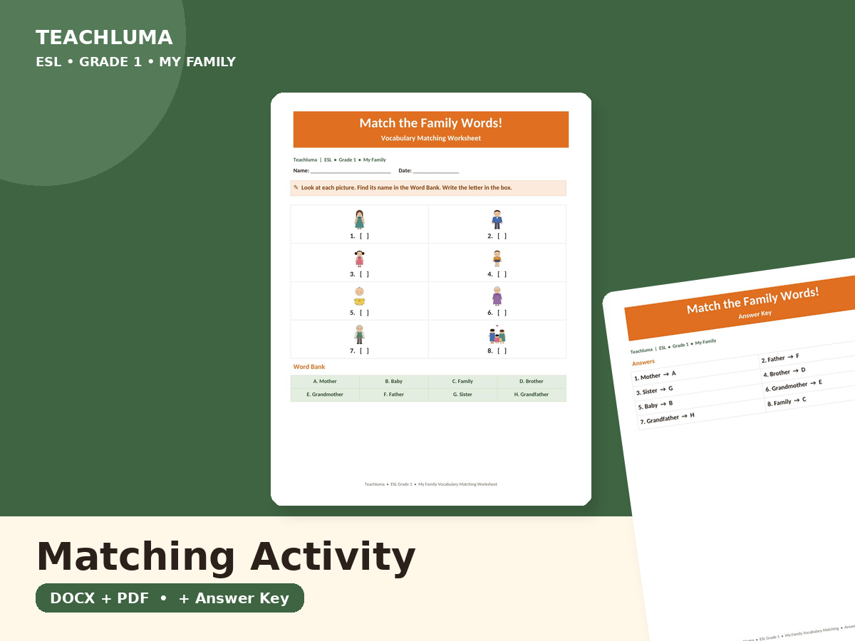 Match the Family Words! — Vocabulary Matching Worksheet