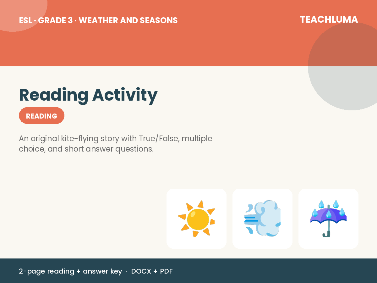 Grade 3 Weather and Seasons Reading Activity: The Best Day for Kites