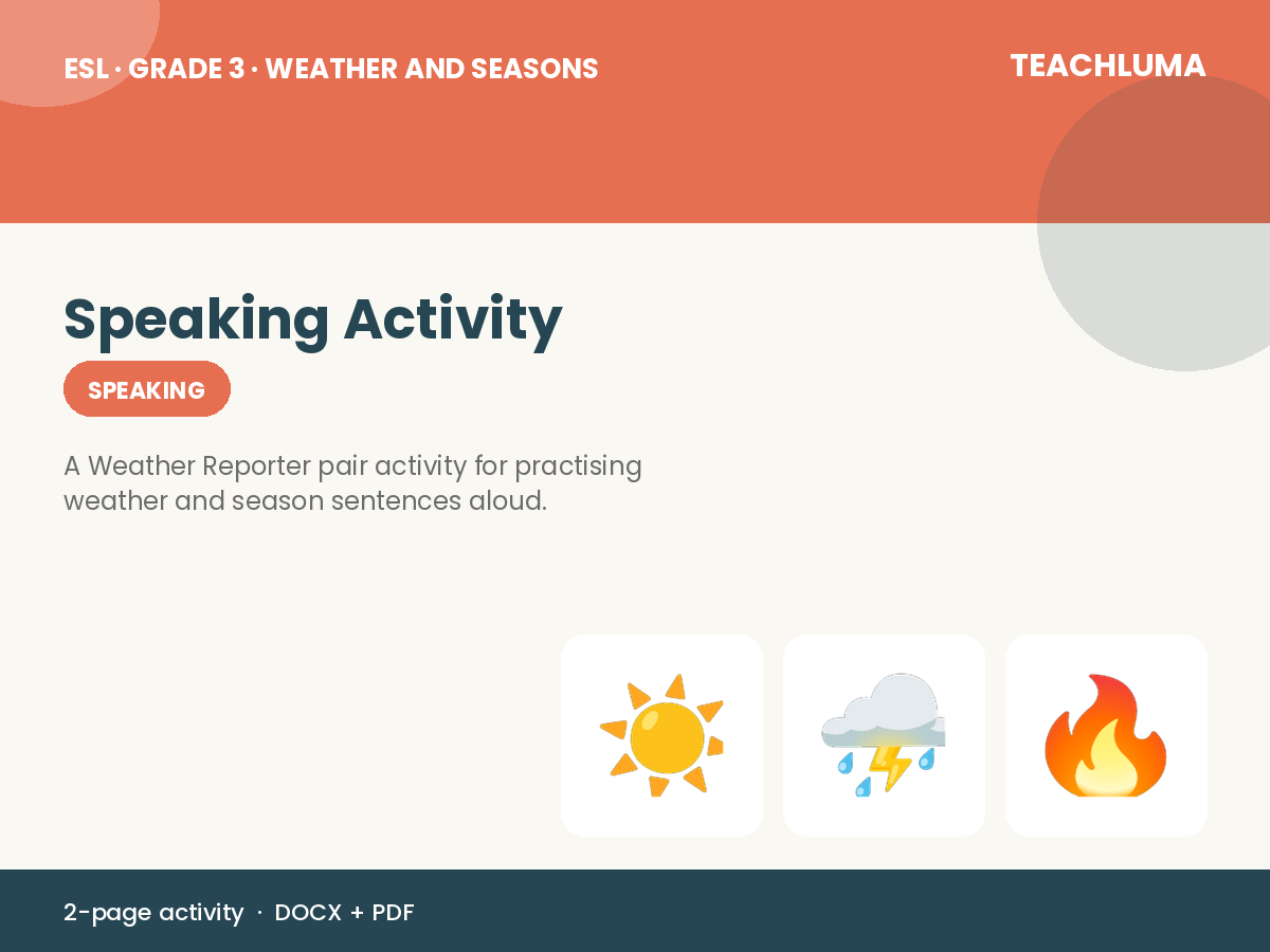 Grade 3 Weather and Seasons Speaking Activity: Weather Reporter