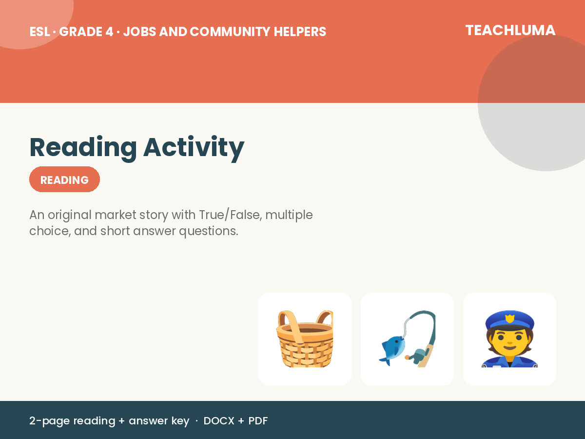 Grade 4 Jobs and Community Helpers Reading Activity: The Lost Bag at the Market
