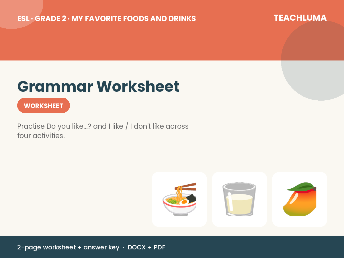 Grade 2 My Favorite Foods and Drinks Grammar Worksheet: Do You Like...?