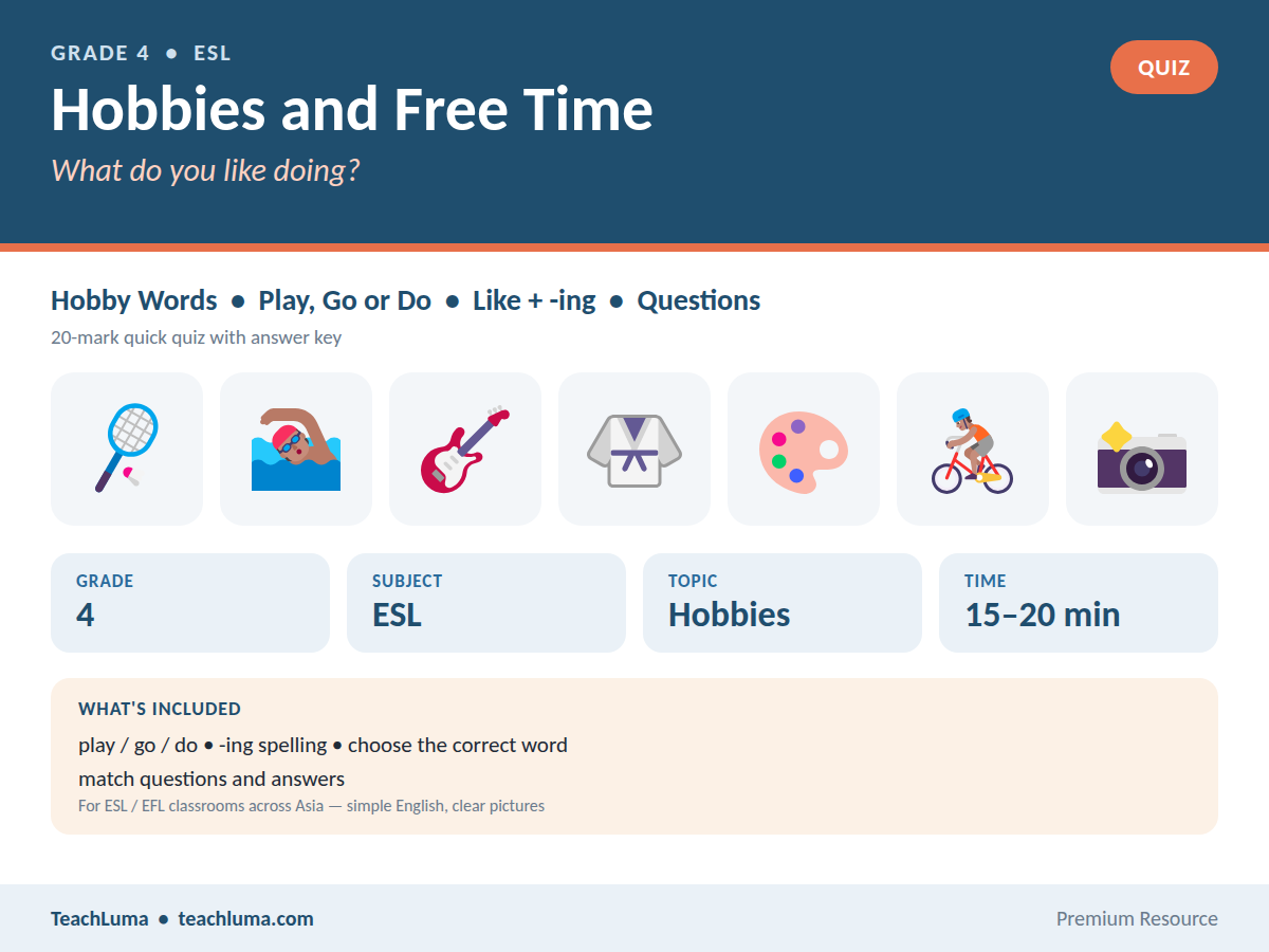 Grade 4 ESL Quiz: Hobbies and Free Time — 20-Mark Quick Quiz with Answer Key