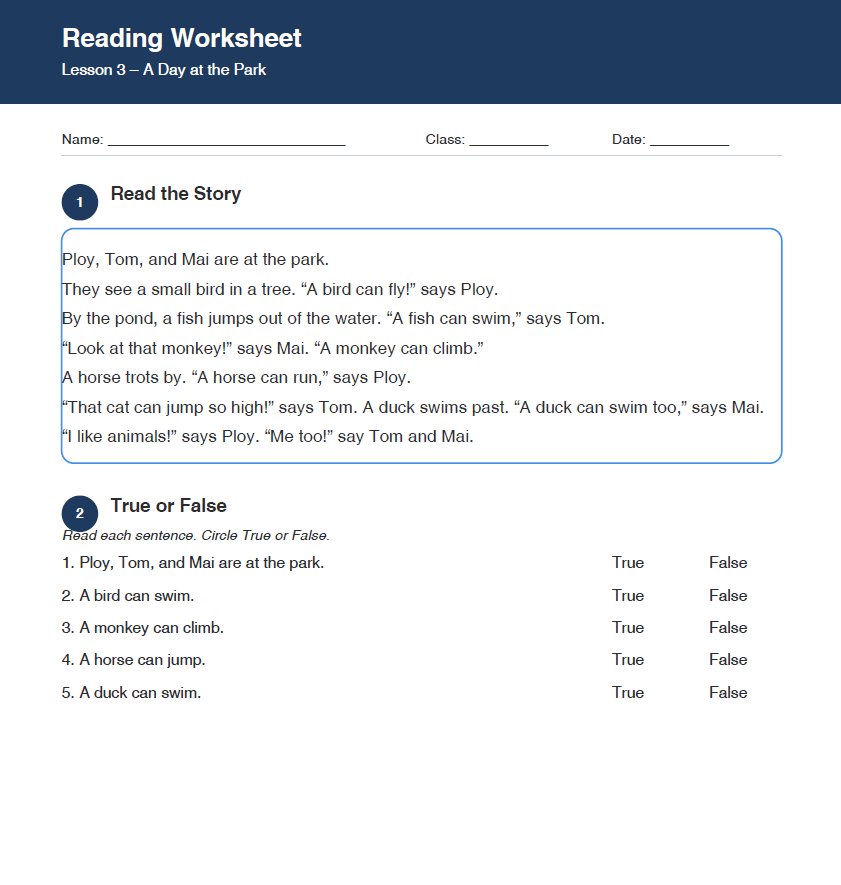 Grade 1 Animals Reading Worksheet – Fun Park Story & Activities for Kids
