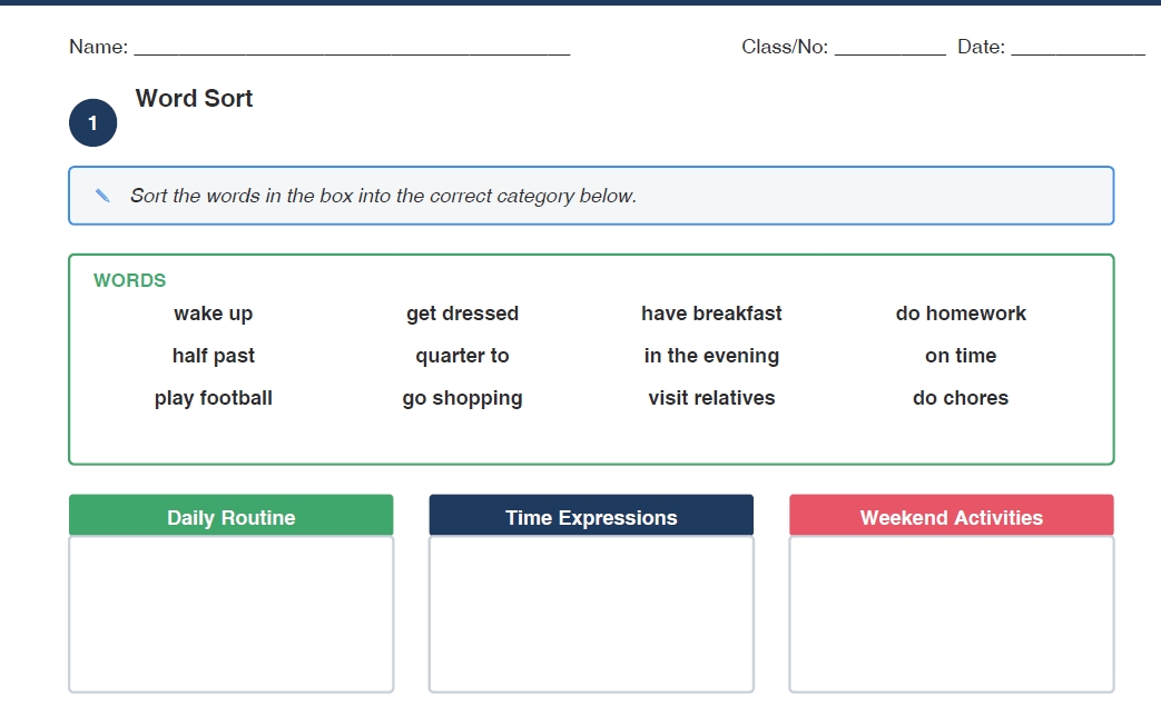 Daily Routine – Grade 7 ESL Review Worksheet