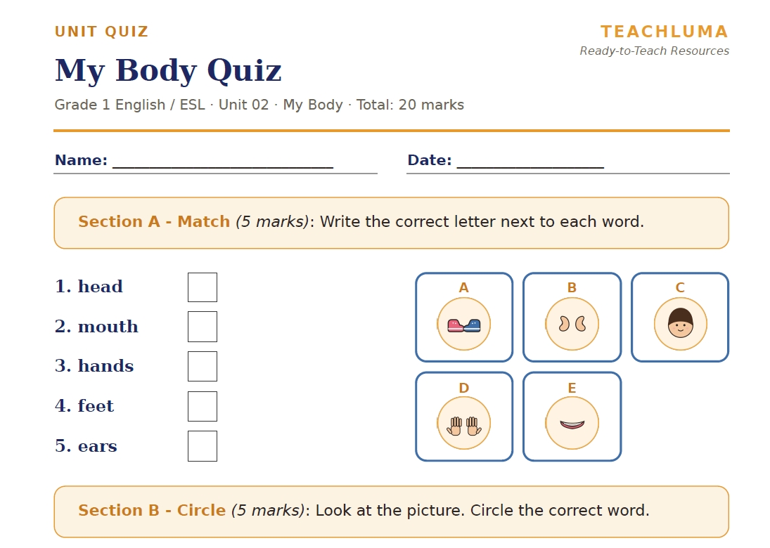 My Body Quiz For kindergarten & Grade 1