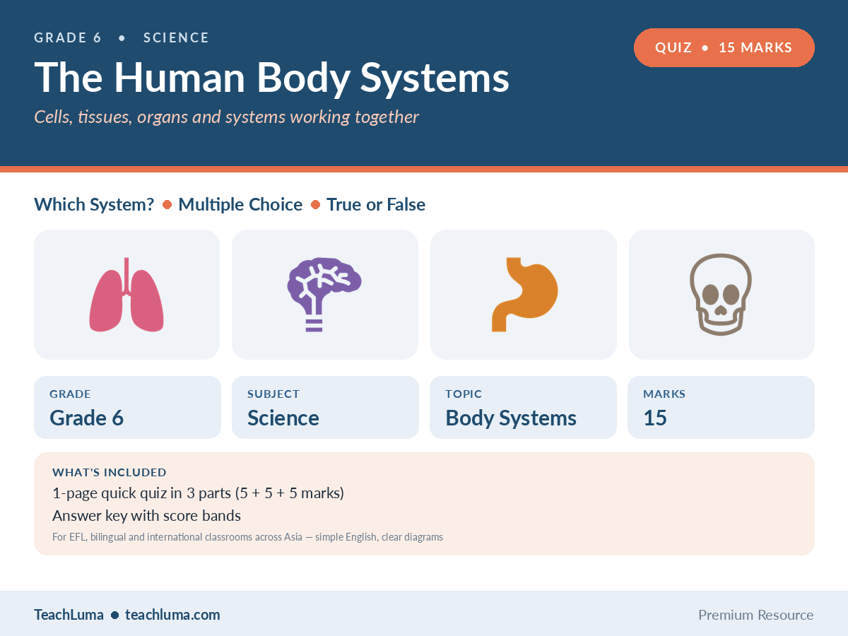 Grade 6 Science Quiz: The Human Body Systems (15 Marks)