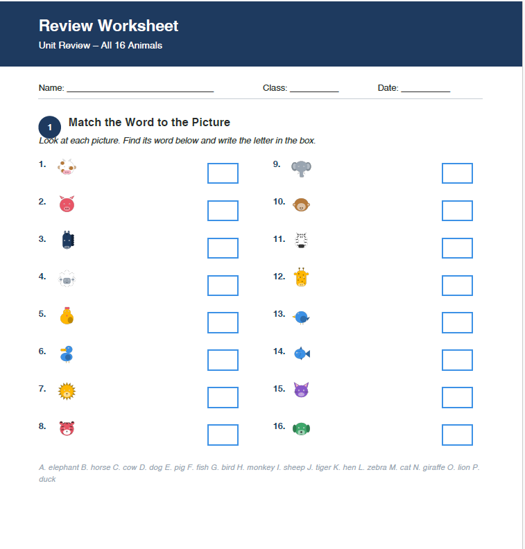 Grade 1 Animal Review Worksheet – Fun Activities for Animal Identification & Abilities
