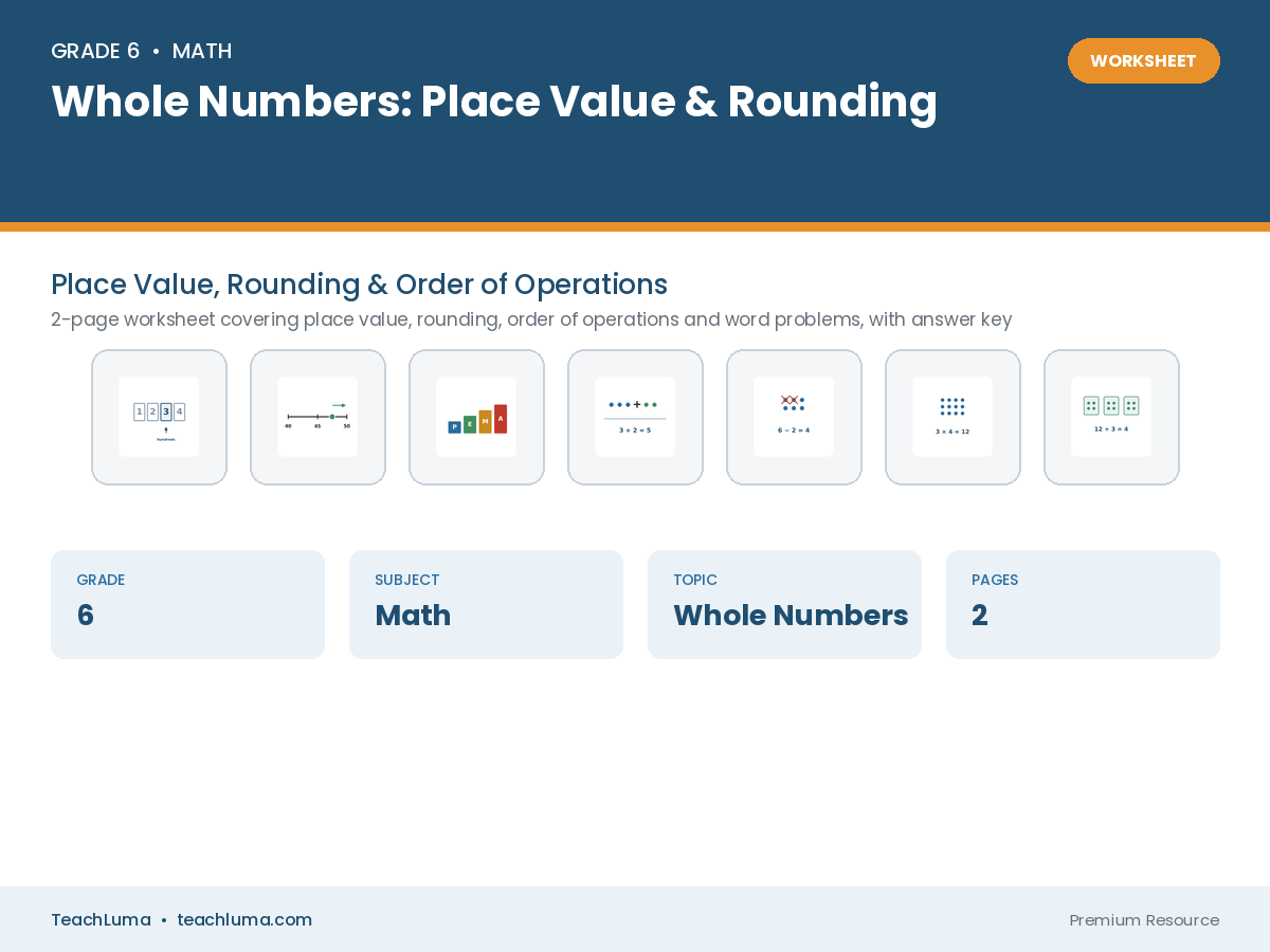 Grade 6 Math Worksheet: Whole Numbers — Place Value, Rounding & Order of Operations