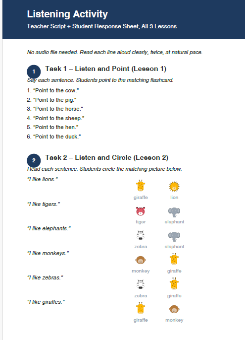 Grade 1 Animals Listening Activity – Teacher Script & Student Worksheets
