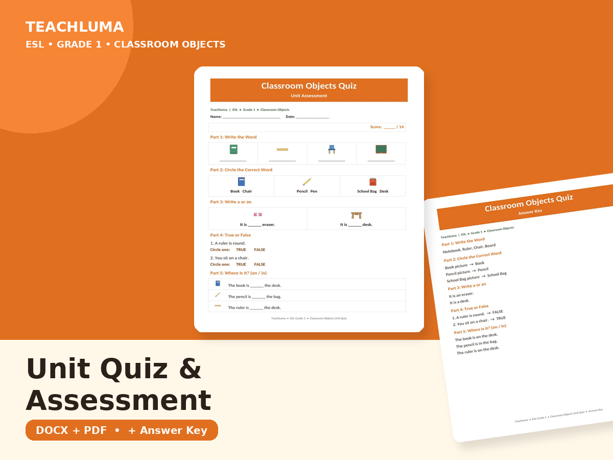 Classroom Objects — Unit Quiz / Assessment