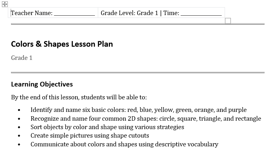 Colors and Shapes Lesson Plan