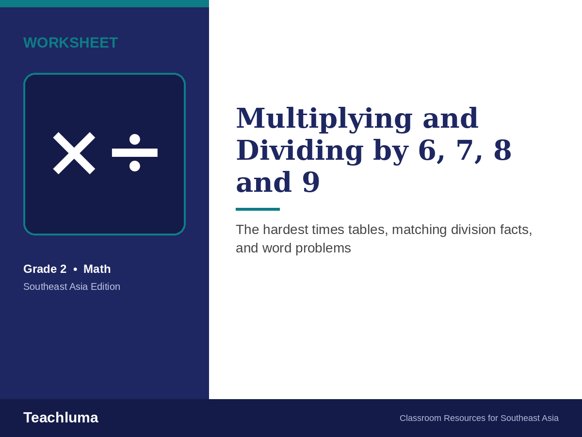 Grade 2 Multiplying and Dividing by 6, 7, 8 and 9 Worksheet