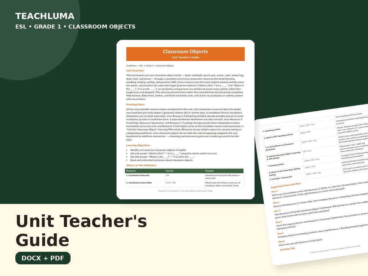 Classroom Objects — Unit Teacher's Guide