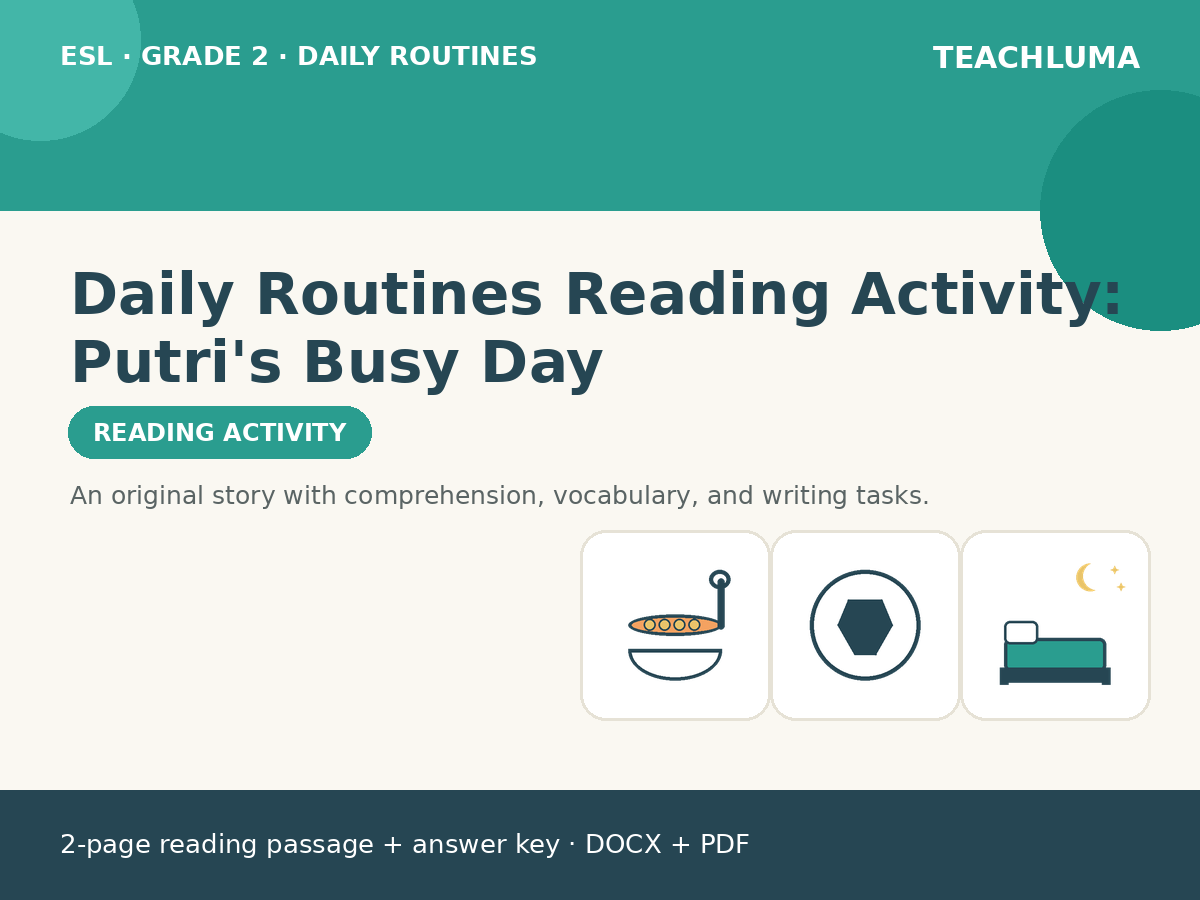 Grade 2 Daily Routines Reading Activity: Putri's Busy Day