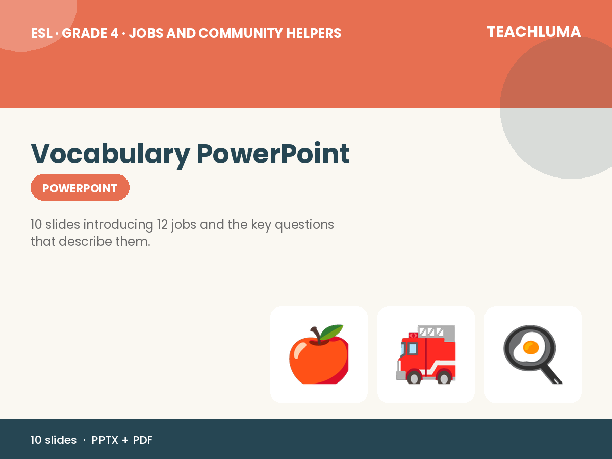 Grade 4 Jobs and Community Helpers Vocabulary PowerPoint: What Does a Teacher Do?