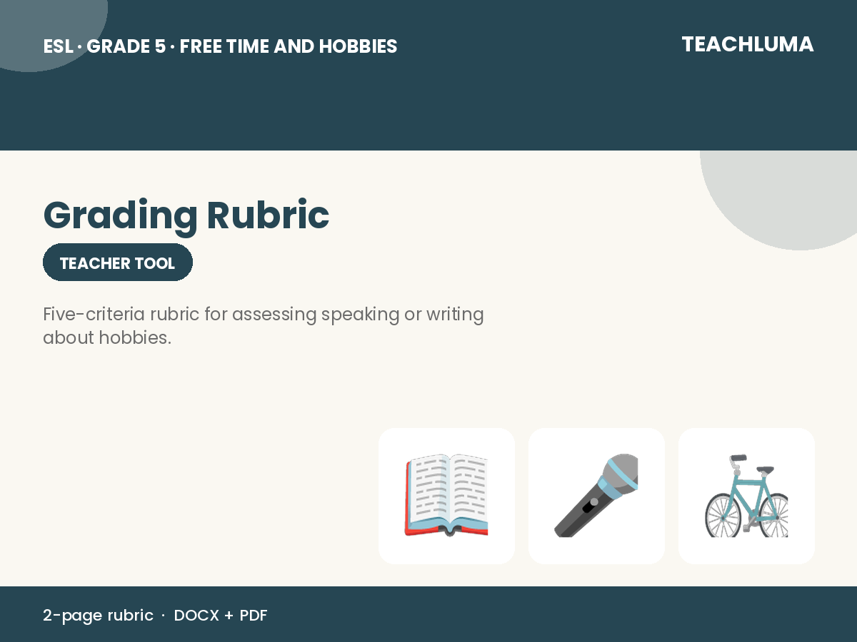 Grade 5 Free Time and Hobbies Grading Rubric