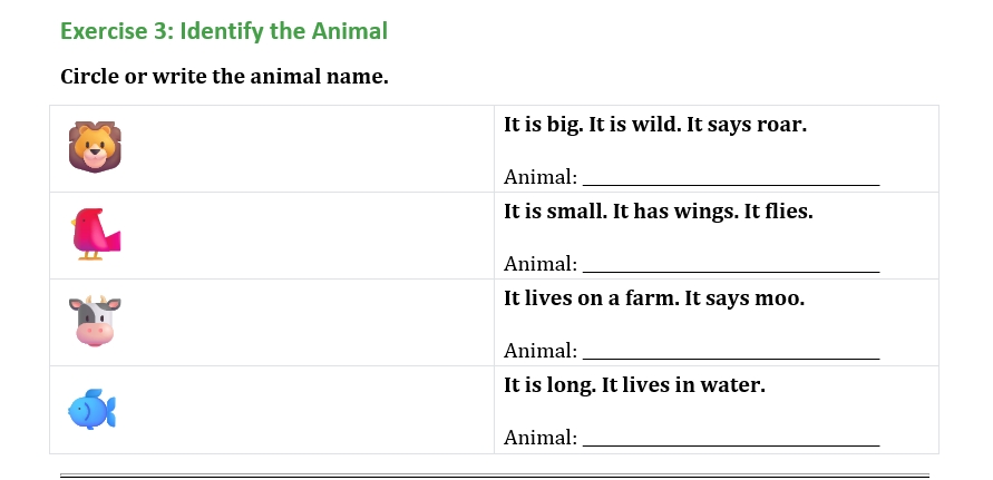 Grade 1 ESL Animal Homework