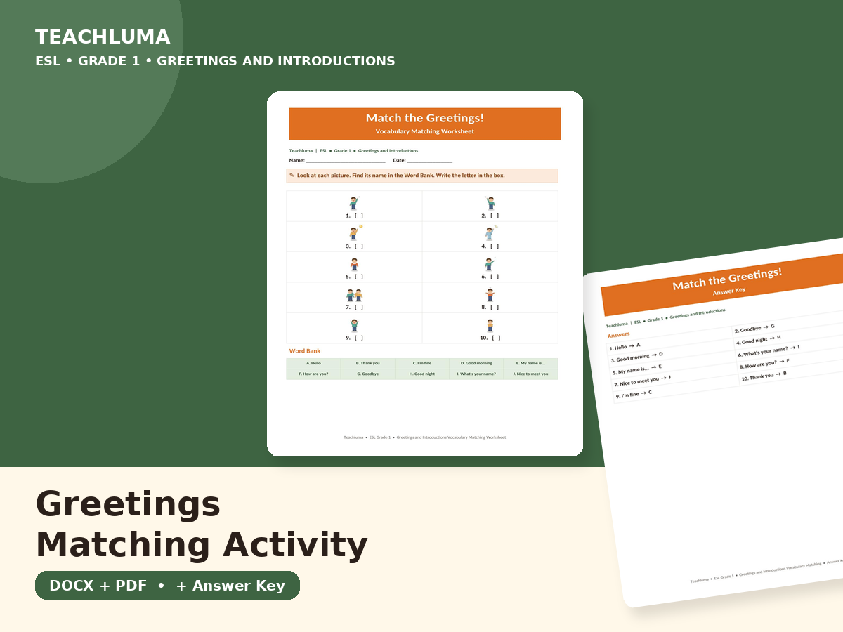Greetings and Introductions — Vocabulary Matching Worksheet