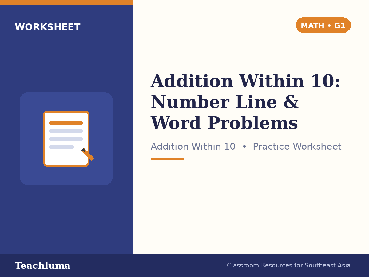 Grade 1 Addition Within 10: Number Line and Word Problems Worksheet