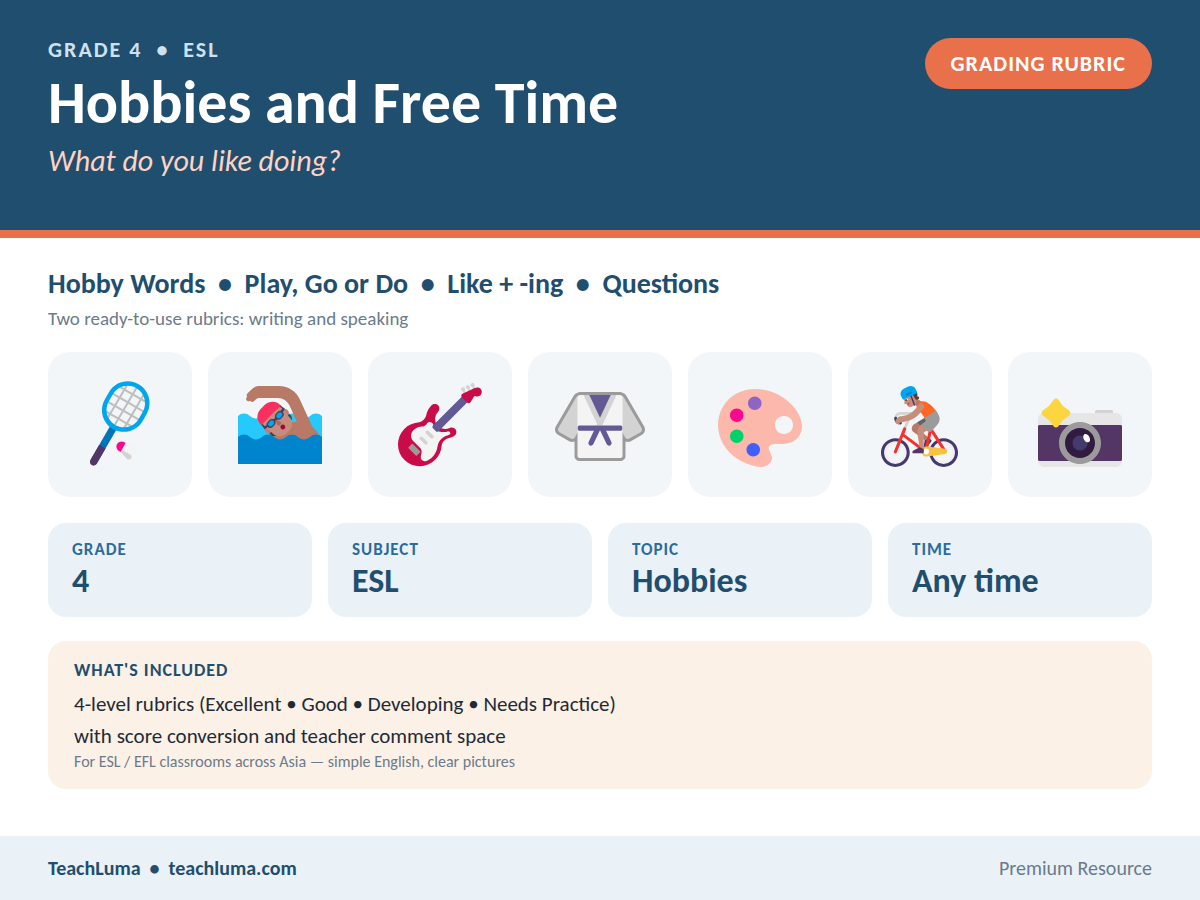 Grade 4 ESL Grading Rubric: Hobbies and Free Time — Writing and Speaking