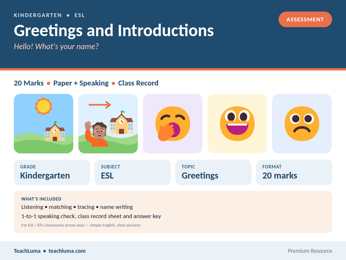 Kindergarten ESL Test: Greetings and Introductions — Paper and Speaking Check (20 Marks)