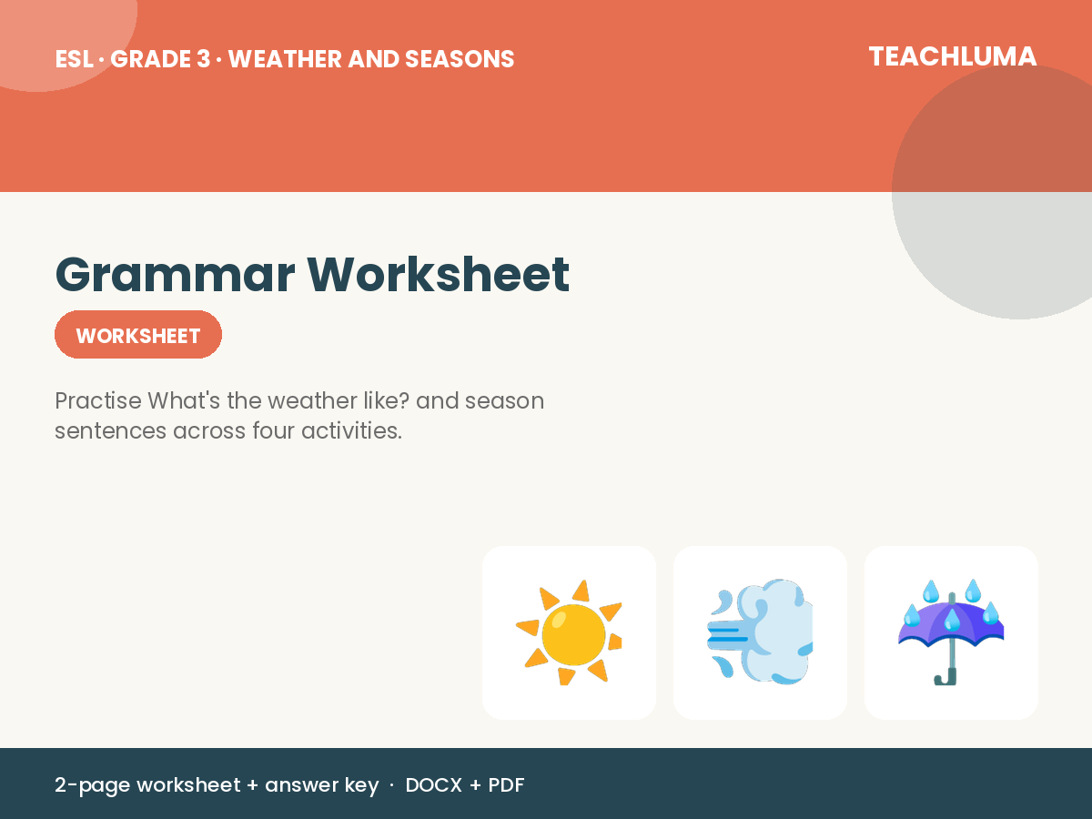 Grade 3 Weather and Seasons Grammar Worksheet: What's the Weather Like?